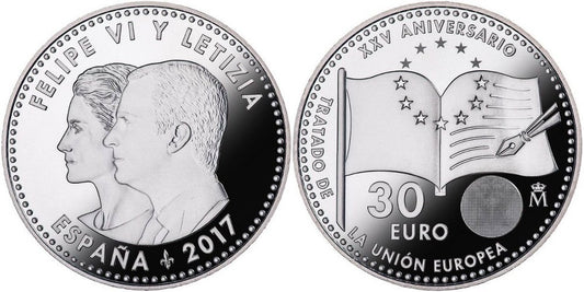 ESPAÑA 30 EUROS 2017 25 ANIVERSARIO DEL TRATADO DE LA U.E.