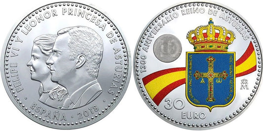 ESPAÑA 30 EUROS 2018 1300 AÑOS DEL REINO DE ASTURIAS (en capsula)