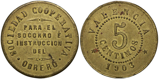 SOCIEDAD COOPERATIVA PARA EL SOCORRO, 5 CENTIMOS 1903 VALENCIA