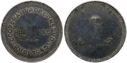COOPERATIVA DE CONSUMO LA RUBINENSE 5 PESETAS 1945 RUBI