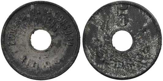 COOPERATIVA DE CONSUMO LA RUBINENSE 5 CENTIMOS 1945 RUBI