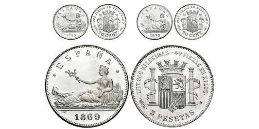 G. PROVISIONAL 5 PTAS 1869, 20 CTMS 1869 Y 1870 (REPRODUCCION)